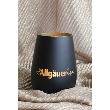 schwarzes Windlicht mit goldener Aufschrift die Allgäuerin